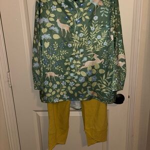 Floral Green Button Down Shirt plus tan and mustard yellow pants